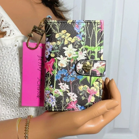 Betsey Johnson Dark Floral Card Case Wallet Bag Charm NWT - Picture 1 of 8